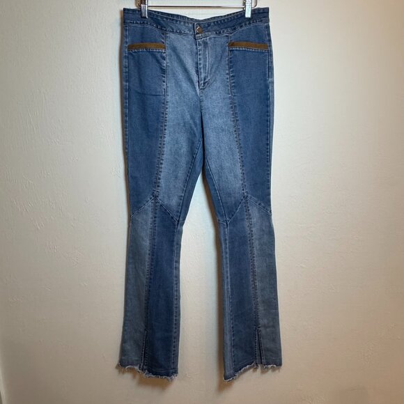 Hummingbird Womens Medium Patchwork Flare Jeans High Rise Boho Raw Hem Two Tone - Picture 1 of 7